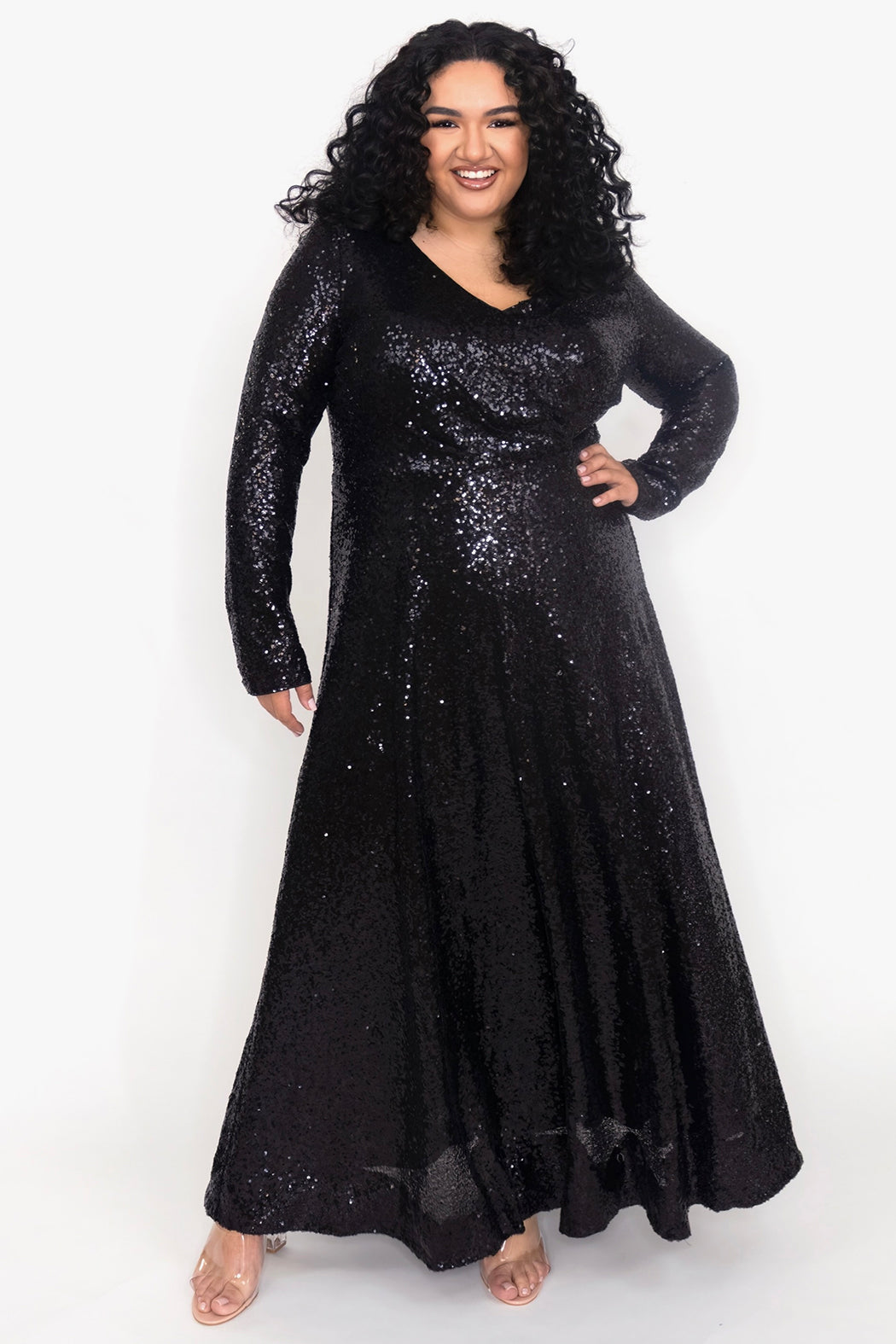 Black Plus-Size Long Sleeve Sequin Maxi Dress