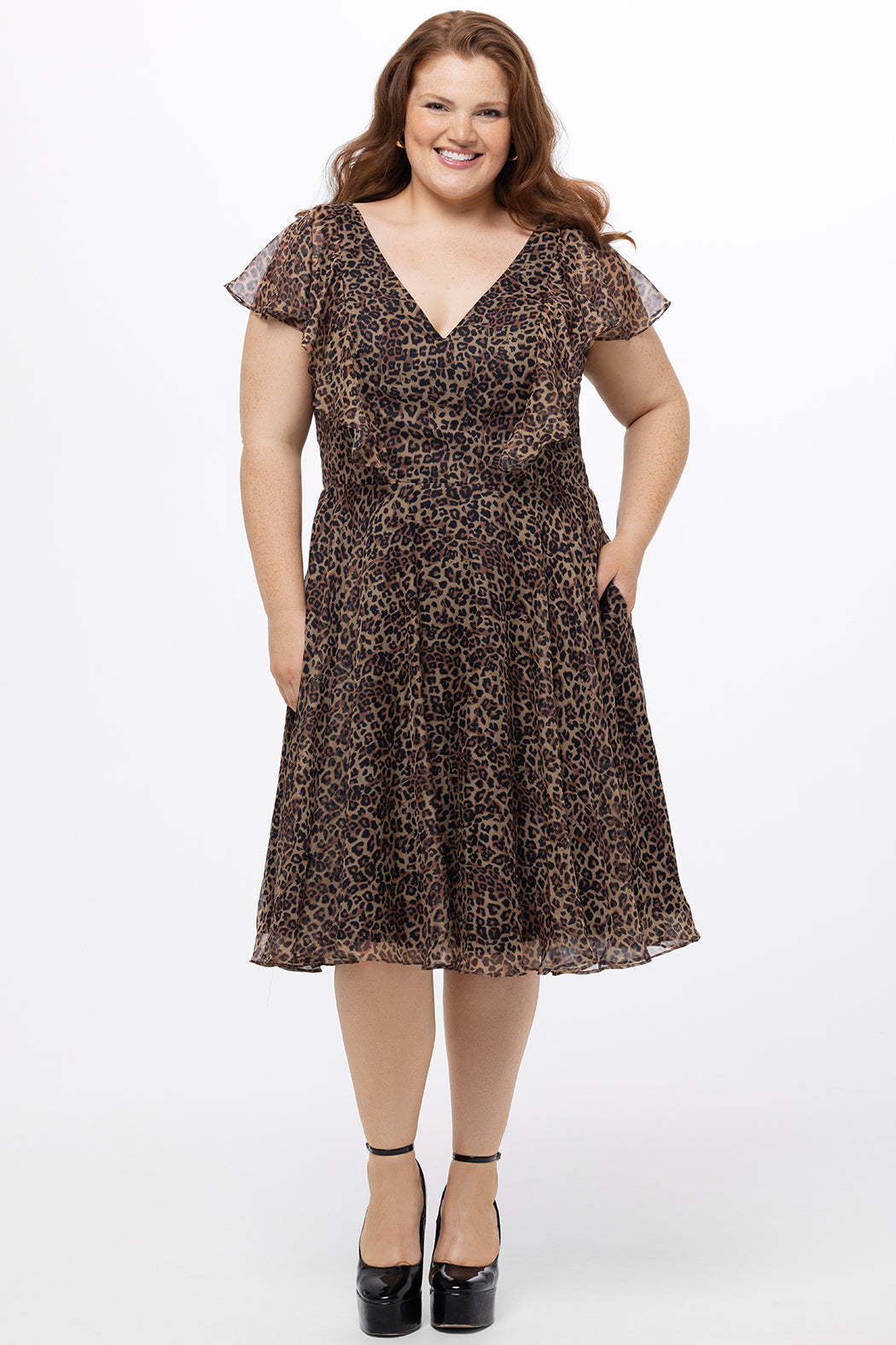 Celebrations by Sydney's Closet Women's V-Neck Flutter Sleeve Animal Print Dress Celebrations by Sydney's Closet Women's V-Neck Flutter Sleeve Animal Print Dress