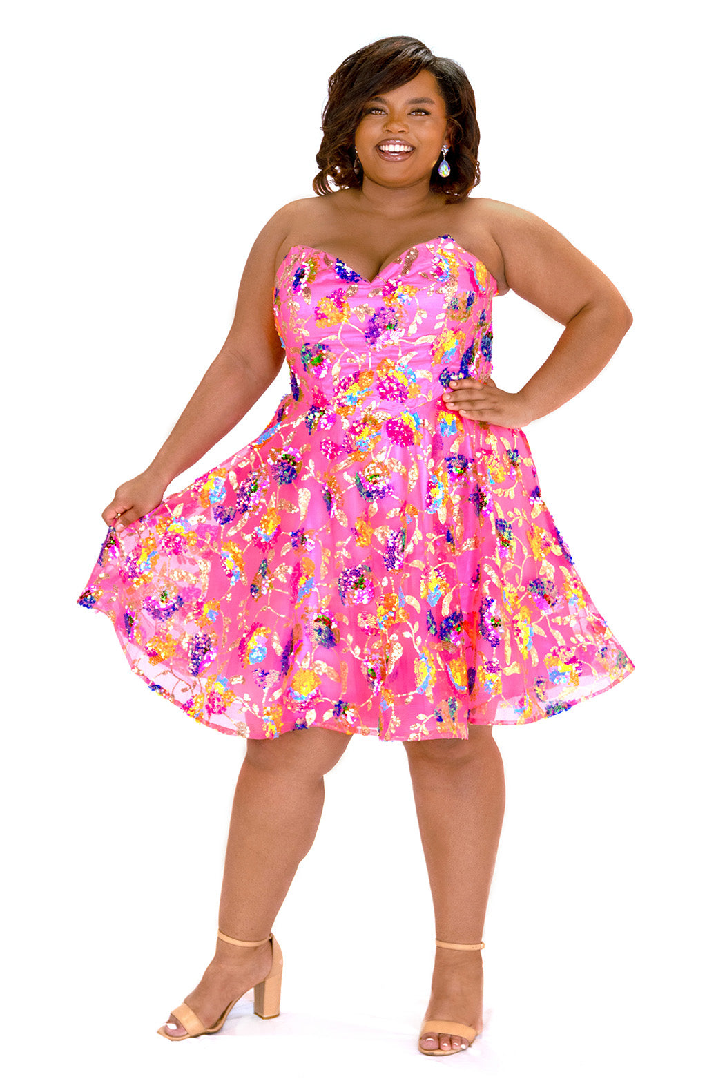 Pink Plus-Size Short Sequin Floral Dress | Sydney's Closet JK2501 Pink Plus-Size Short Sequin Floral Dress | Sydney's Closet JK2501