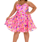 JK2501 bubblegum pink short party dress.  Strapless, sweetheart neckline, basque waistline, pockets and flowy A-line skirt.  Unique bright colored sequin floral fabric.  Long invisible center back zipper.  Johnathan Kayne for Sydney's Closet