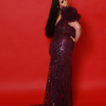 Style JK2517 available in scarlet red, plum purple and unicorn white with AB accent.  Plus size sexy fitted slim gown with mirror sequins detachable puff sleeves.