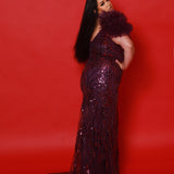 Style JK2517 available in scarlet red, plum purple and unicorn white with AB accent.  Plus size sexy fitted slim gown with mirror sequins detachable puff sleeves.