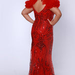 Style JK2517 available in scarlet red, plum purple and unicorn white with AB accent.  Plus size sexy fitted slim gown with mirror sequins detachable puff sleeves.