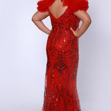 Style JK2517 available in scarlet red, plum purple and unicorn white with AB accent.  Plus size sexy fitted slim gown with mirror sequins detachable puff sleeves.