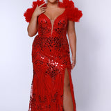 Style JK2517 available in scarlet red, plum purple and unicorn white with AB accent.  Plus size sexy fitted slim gown with mirror sequins detachable puff sleeves.