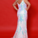 Style JK2517 available in scarlet red, plum purple and unicorn white with AB accent.  Plus size sexy fitted slim gown with mirror sequins detachable puff sleeves.