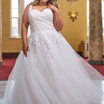 Michelle Bridal MB2425 Ivory. Modern leaf appliques Soft bridal tulle, sparkle tulle, soft tulle, light satin Crinoline = 2 layers, Satin layer, Clear & opaque sequins, pearls, bugle beads, cut glass, Strapless bodice, Optional 1 inch straps covered in lace appliques, Sweetheart neckline, Modified Basque waist.