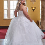 Michelle Bridal MB2425 Ivory. Modern leaf appliques Soft bridal tulle, sparkle tulle, soft tulle, light satin Crinoline = 2 layers, Satin layer, Clear & opaque sequins, pearls, bugle beads, cut glass, Strapless bodice, Optional 1 inch straps covered in lace appliques, Sweetheart neckline, Modified Basque waist.