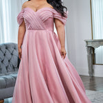 Michelle Bridal MB2506 plus size wedding dress by Sydney's Closet. Off-the-shoulder pleated straps, organza ballgown with slit and long train available in black, ivory or mauve pink