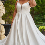 Michelle Bridal by Sydney's Closet plus size curvy wedding gowns. Floral leaf embroidery over satin on bodice on front and back. A-line skirt with pockets and long train.  Optional lining on back bodice included. Style MB2520