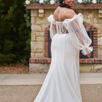 Sophisticated and sexy plus size simple crepe wedding dress with detachable puff sleeves.  Plain crepe slim front with sweetheart neckline and natural waist.  Optional lining included for the back bodice with criss-cross exposed boning.  Michelle Bridal by Sydney's Closet style MB2522