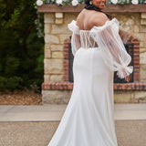 Sophisticated and sexy plus size simple crepe wedding dress with detachable puff sleeves.  Plain crepe slim front with sweetheart neckline and natural waist.  Optional lining included for the back bodice with criss-cross exposed boning.  Michelle Bridal by Sydney's Closet style MB2522