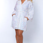 Our plus size sequin robe is a stunning, comfortable piece designed for confident, curvy women looking for comfort as they get ready on their special day. Made from stretch sequin with a light stretch knit lining, this robe is the perfect getting ready outfit  Roomy sleeves and an adjustable tie belt make for the perfect fit and pockets to hold your essentials! Style SC1009 by Sydney's Closet - Front view in unicorn pearlescent white
