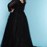 Sydney's Bridal by Sydney's Closet a line bridal gown with vneckline and illusion long sleeves center back zipper available in black SC5267