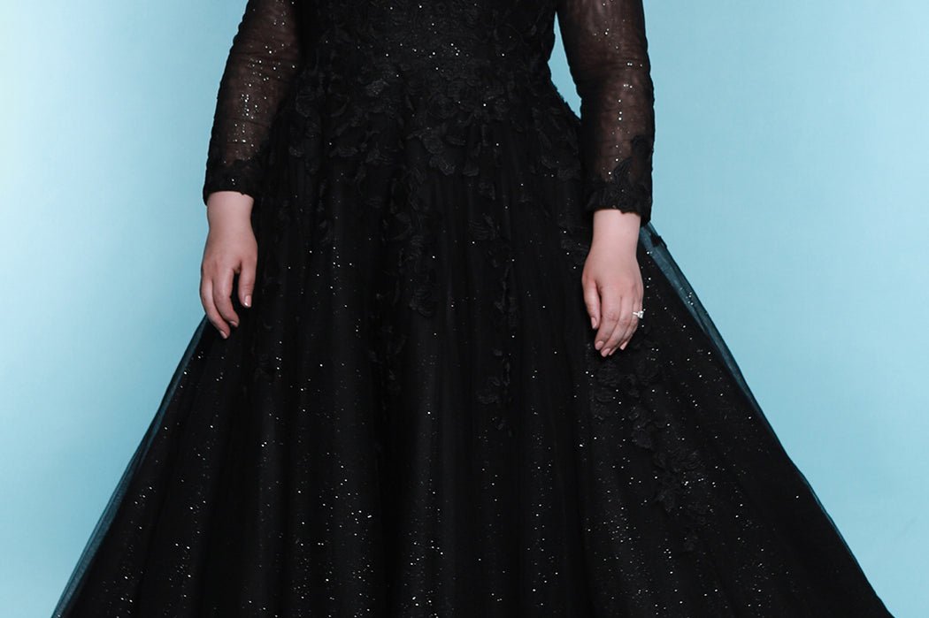 Sydney's Bridal by Sydney's Closet a line bridal gown with vneckline and illusion long sleeves center back zipper available in black SC5267