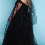 Sydney's Closet SC5315 Black. Detachable tulle scarves, Detachable spaghetti straps, Ball gown silhouette, Off-the-shoulder strap with elastic band, Detachable tulle scarves, Sweetheart neckline, Full ball gown skirt, Long invisible center back zipper, Chiffon 3D flowers on glitter net over sparkle tulle.