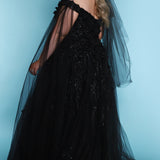 Sydney's Closet SC5315 Black. Detachable tulle scarves, Detachable spaghetti straps, Ball gown silhouette, Off-the-shoulder strap with elastic band, Detachable tulle scarves, Sweetheart neckline, Full ball gown skirt, Long invisible center back zipper, Chiffon 3D flowers on glitter net over sparkle tulle.