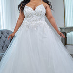 Sydney's Closet plus size wedding dress with lace up back and modesty panel.  V-neckline embelished with 3D floral appliques and silver stones.  Full A-line skirt and long train. Style SC5345