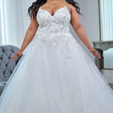 Sydney's Closet plus size wedding dress with lace up back and modesty panel.  V-neckline embelished with 3D floral appliques and silver stones.  Full A-line skirt and long train. Style SC5345