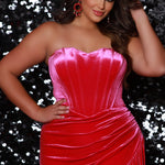Sydney’s Closet SC7342 hot pink Barbie pink. Slim/Fitted silhouette, strapless with optional spaghetti straps. Modified Basque waist,  exposed corset boning on bodice and a ruched waist. Stretch velvet, with high slit and sweep train.