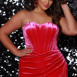 Sydney’s Closet SC7342 hot pink Barbie pink. Slim/Fitted silhouette, strapless with optional spaghetti straps. Modified Basque waist,  exposed corset boning on bodice and a ruched waist. Stretch velvet, with high slit and sweep train.