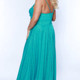 Sydney's Closet SC7375 Aqua. Aline silhouette, Stretch jersey with sparkle over stretch knit lining, V-neckline, Spaghetti straps, Natural waistline, Aline skirt with pockets.
