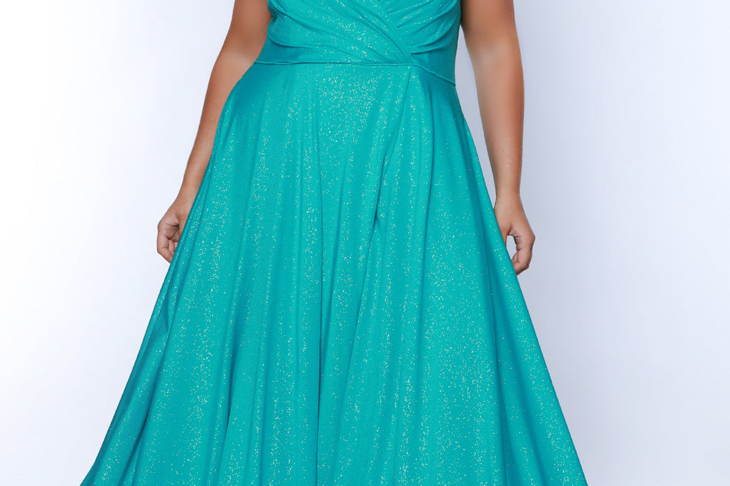 Sydney's Closet SC7375 Aqua. Aline silhouette, Stretch jersey with sparkle over stretch knit lining, V-neckline, Spaghetti straps, Natural waistline, Aline skirt with pockets.