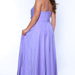 Sydney's Closet SC7375 Purple. Aline silhouette, Stretch jersey with sparkle over stretch knit lining, V-neckline, Spaghetti straps, Natural waistline, Aline skirt with pockets.