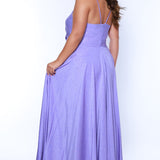 Sydney's Closet SC7375 Purple. Aline silhouette, Stretch jersey with sparkle over stretch knit lining, V-neckline, Spaghetti straps, Natural waistline, Aline skirt with pockets.