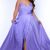 Sydney's Closet SC7375 Purple. Aline silhouette, Stretch jersey with sparkle over stretch knit lining, V-neckline, Spaghetti straps, Natural waistline, Aline skirt with pockets.