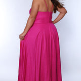 Sydney's Closet SC7375 Pink. Aline silhouette, Stretch jersey with sparkle over stretch knit lining, V-neckline, Spaghetti straps, Natural waistline, Aline skirt with pockets.