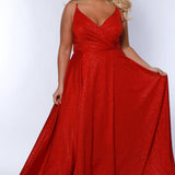 Sydney's Closet SC7375 Red. Aline silhouette, Stretch jersey with sparkle over stretch knit lining, V-neckline, Spaghetti straps, Natural waistline, Aline skirt with pockets.