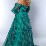 Sydney's Closet SC7386 Green. Floral print tulle, ruched bodice, sweetheart neckline, A-line skirt with slit, bicep to wrist puff sleeve, 4 inch cuff at wrist, center back zipper, natural waistline.