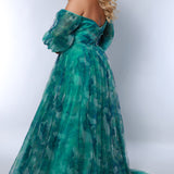 Sydney's Closet SC7386 Green. Floral print tulle, ruched bodice, sweetheart neckline, A-line skirt with slit, bicep to wrist puff sleeve, 4 inch cuff at wrist, center back zipper, natural waistline.