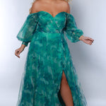Sydney's Closet SC7386 Green. Floral print tulle, ruched bodice, sweetheart neckline, A-line skirt with slit, bicep to wrist puff sleeve, 4 inch cuff at wrist, center back zipper, natural waistline.