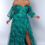 Sydney's Closet SC7386 Green. Floral print tulle, ruched bodice, sweetheart neckline, A-line skirt with slit, bicep to wrist puff sleeve, 4 inch cuff at wrist, center back zipper, natural waistline.