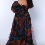 Sydney's Closet SC7386 Multi. Floral print tulle, ruched bodice, sweetheart neckline, A-line skirt with slit, bicep to wrist puff sleeve, 4 inch cuff at wrist, center back zipper, natural waistline.