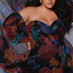 Sydney's Closet SC7386 Multi. Floral print tulle, ruched bodice, sweetheart neckline, A-line skirt with slit, bicep to wrist puff sleeve, 4 inch cuff at wrist, center back zipper, natural waistline.