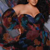 Sydney's Closet SC7386 Multi. Floral print tulle, ruched bodice, sweetheart neckline, A-line skirt with slit, bicep to wrist puff sleeve, 4 inch cuff at wrist, center back zipper, natural waistline.
