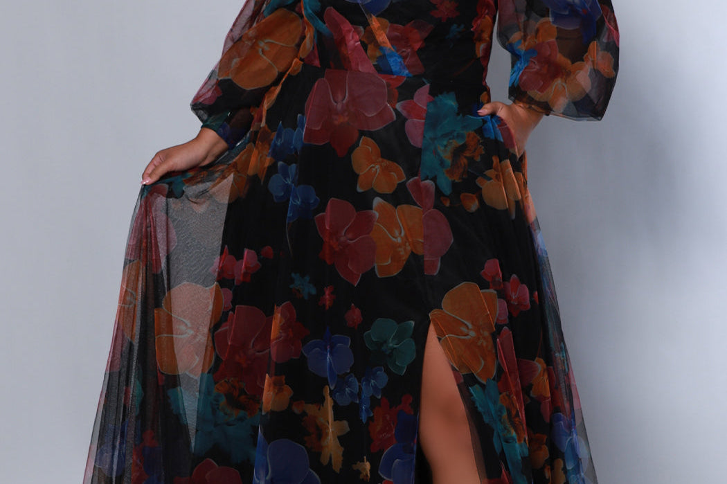 Sydney's Closet SC7386 Multi. Floral print tulle, ruched bodice, sweetheart neckline, A-line skirt with slit, bicep to wrist puff sleeve, 4 inch cuff at wrist, center back zipper, natural waistline.