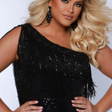 Sydney's Closet SC7391 Black. One shoulder, embroidered gold detail on slit and neckline, fringe off high point of shoulder, center back zipper.