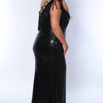 Sydney's Closet SC7391 Gold. One shoulder, embroidered gold detail on slit and neckline, fringe off high point of shoulder, center back zipper.