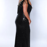 Sydney's Closet SC7391 Gold. One shoulder, embroidered gold detail on slit and neckline, fringe off high point of shoulder, center back zipper.