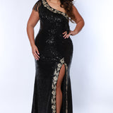 Sydney's Closet SC7391 Gold. One shoulder, embroidered gold detail on slit and neckline, fringe off high point of shoulder, center back zipper.