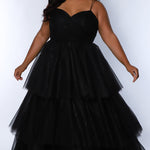 Sydney's Closet SC7392 Black. Tiered glitter tulle ballgown, pleated bodice, rolled satin straps covered in glitter tulle, natural waistline, center back zipper.