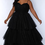 Sydney's Closet SC7392 Black. Tiered glitter tulle ballgown, pleated bodice, rolled satin straps covered in glitter tulle, natural waistline, center back zipper.
