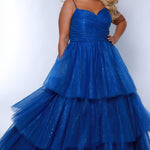 Sydney's Closet SC7392 Royal. Tiered glitter tulle ballgown, pleated bodice, rolled satin straps covered in glitter tulle, natural waistline, center back zipper.