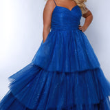 Sydney's Closet SC7392 Royal. Tiered glitter tulle ballgown, pleated bodice, rolled satin straps covered in glitter tulle, natural waistline, center back zipper.