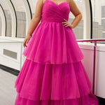 Sydney's Closet SC7392 Pink. Tiered glitter tulle ballgown, pleated bodice, rolled satin straps covered in glitter tulle, natural waistline, center back zipper.