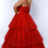 Sydney's Closet SC7392 Red. Tiered glitter tulle ballgown, pleated bodice, rolled satin straps covered in glitter tulle, natural waistline, center back zipper.